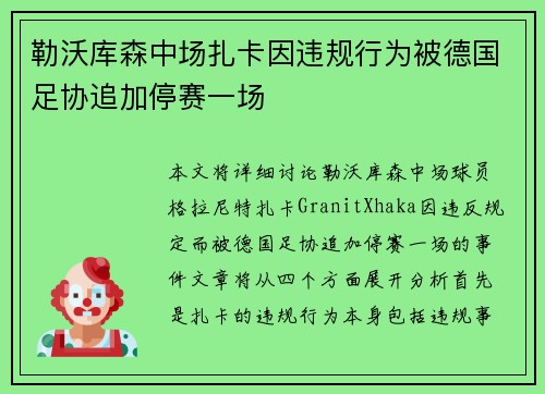 勒沃库森中场扎卡因违规行为被德国足协追加停赛一场